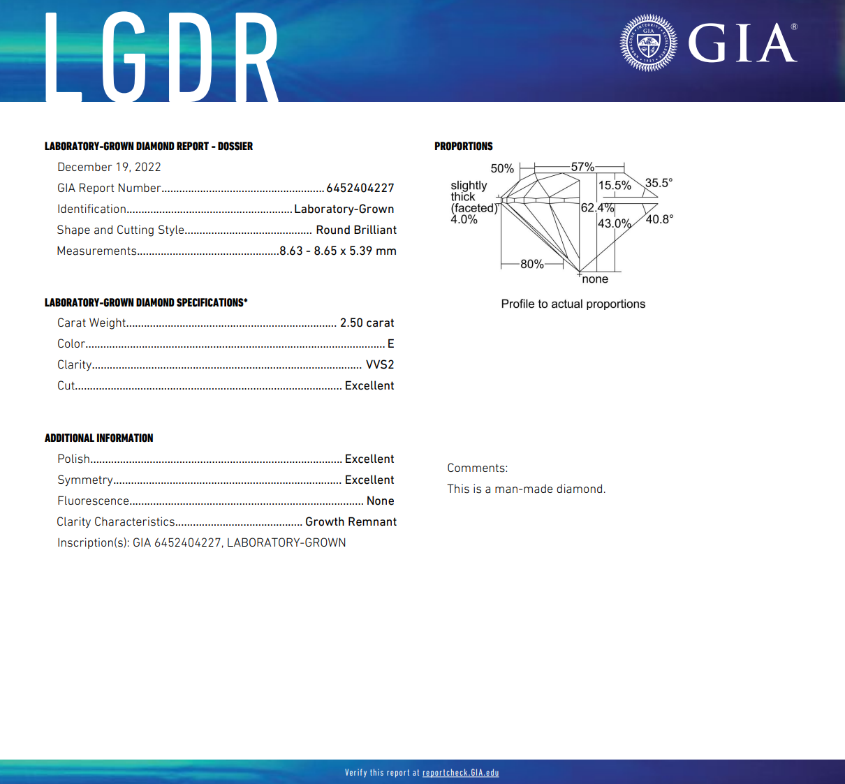 GIA report for round lab diamond.