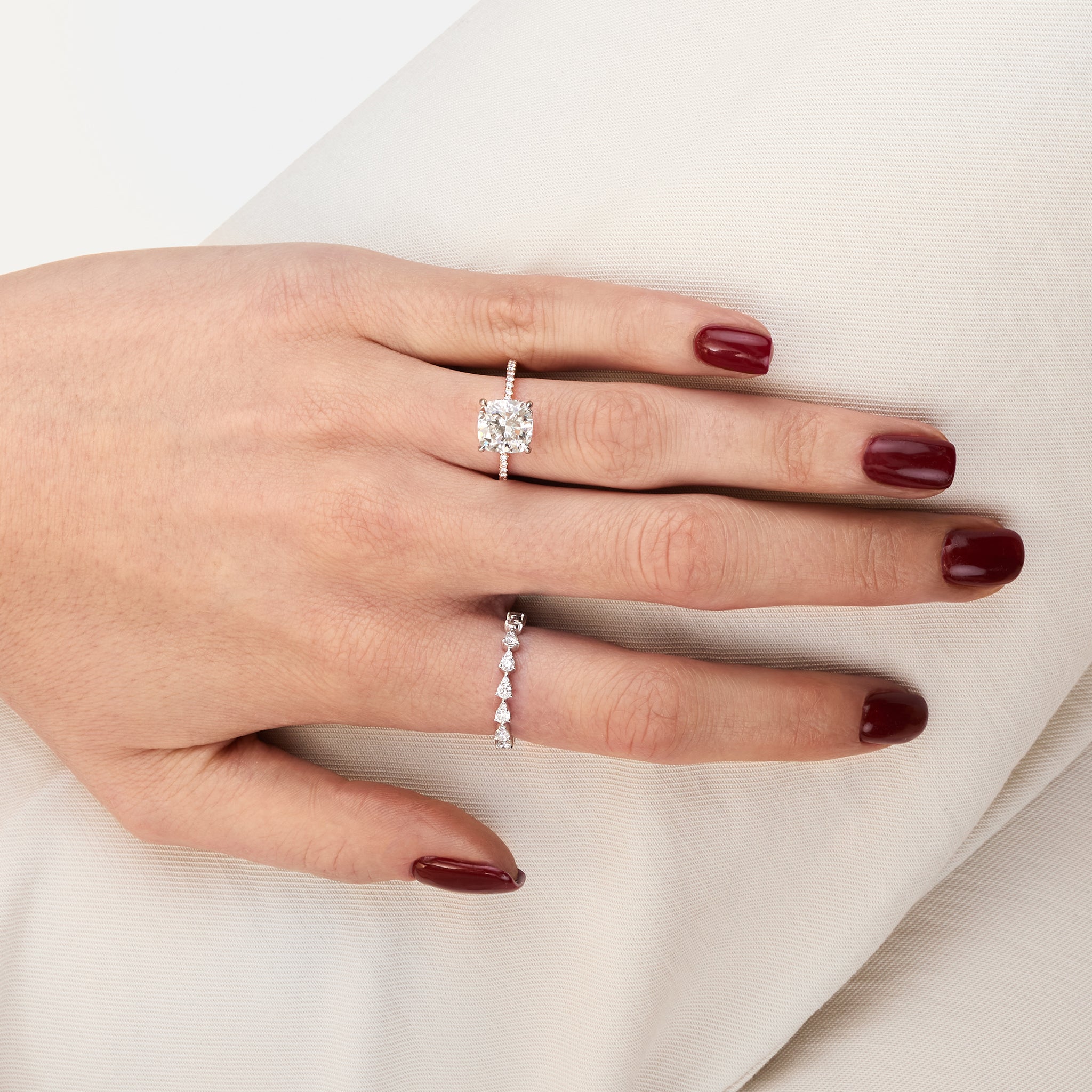 Cushion lab diamond pave engagement ring.