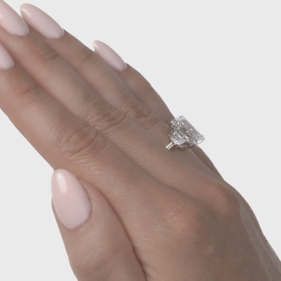 Video of three stone radiant lab diamond ring.