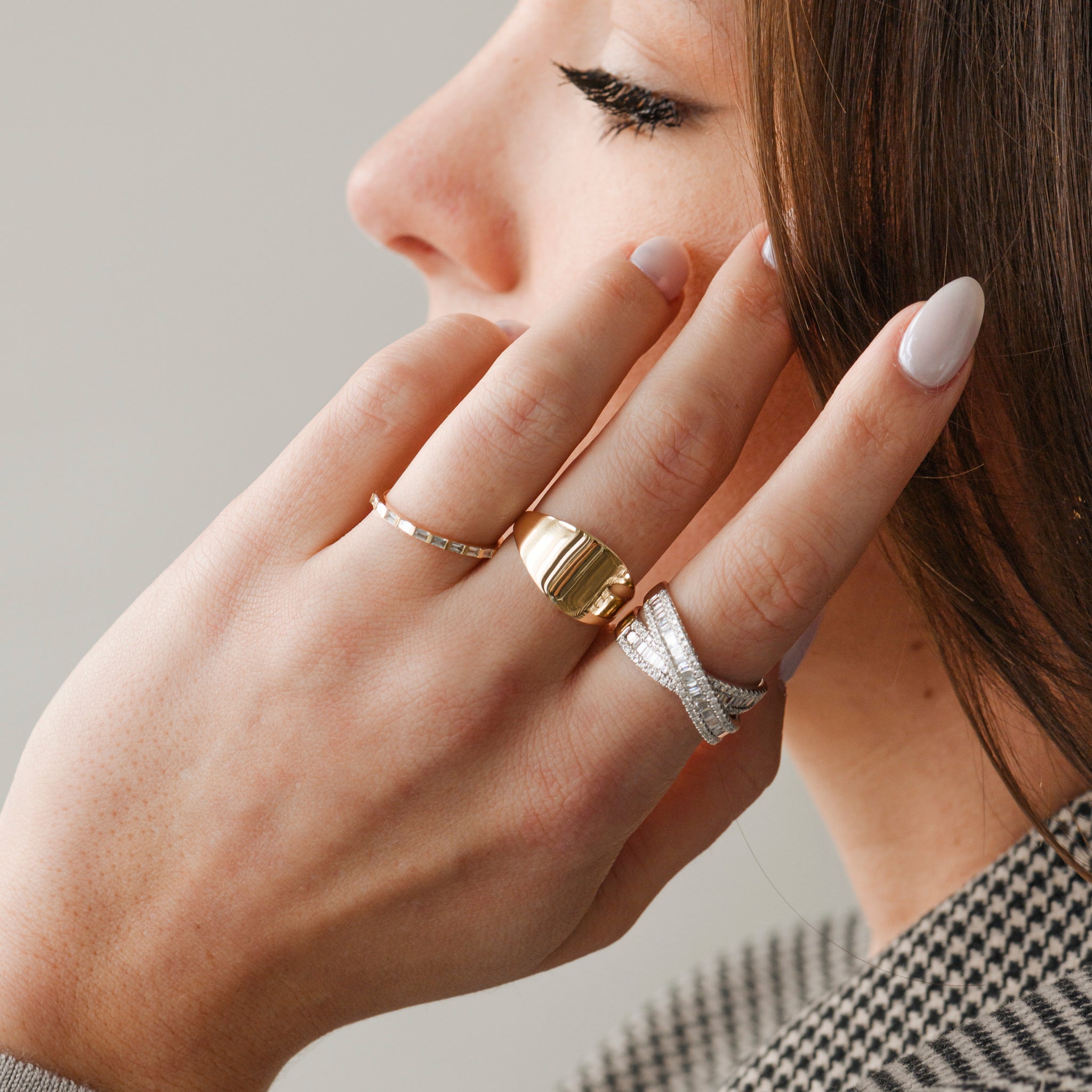 14k Yellow Gold Flat Dome Ring on model