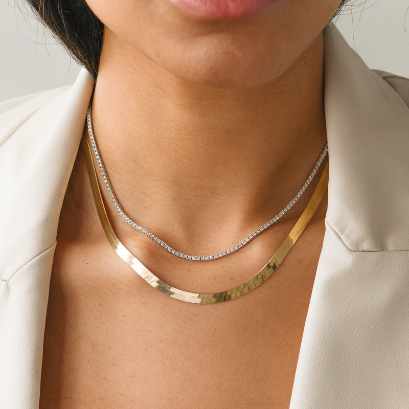 14k Gold Herringbone Chain Necklace on model