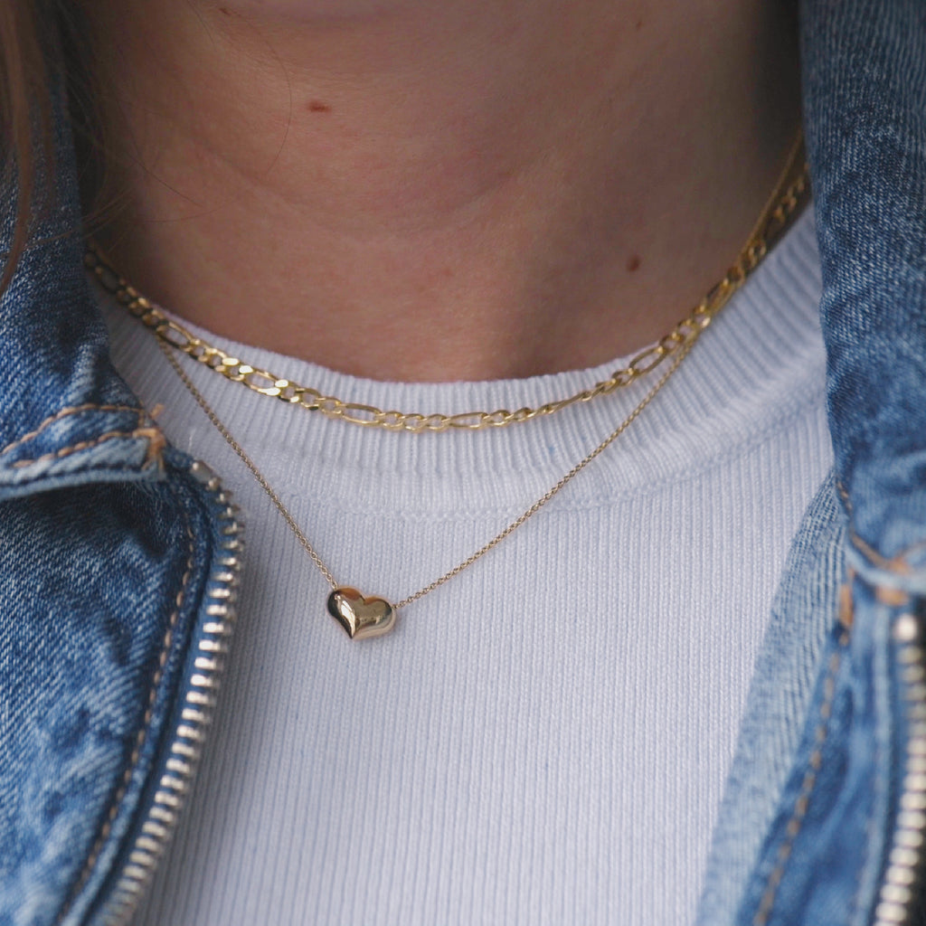 14k gold Puffed Heart Necklace on model